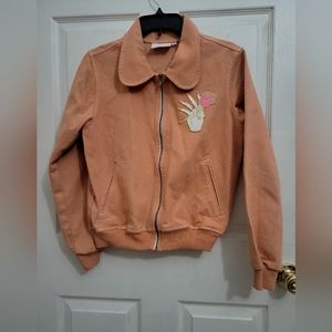 Big Bud Press Denim Bomber style jacket w/hand & flower applique